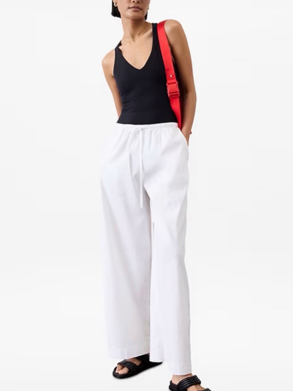 Athleta White Drawstring Wide-Leg Linen Blend Pants